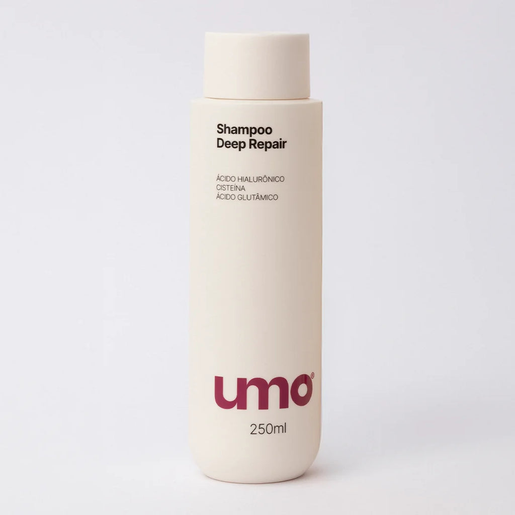 Embalagem do Shampoo Deep Repair Umo 250ml, frasco bege com ácido hialurônico, cisteína e ácido glutâmico