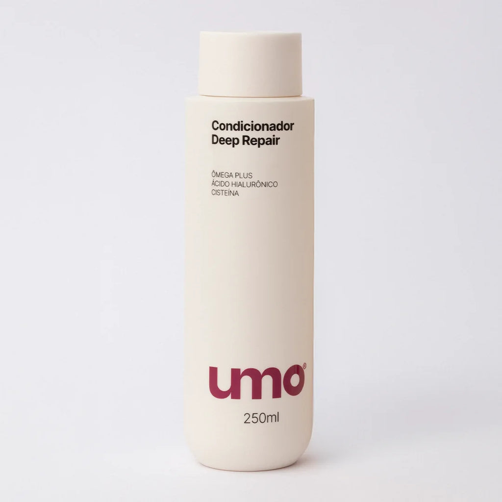 Embalagem do Condicionador Deep Repair Umo 250ml, frasco bege com ômega plus, ácido hialurônico e cisteína