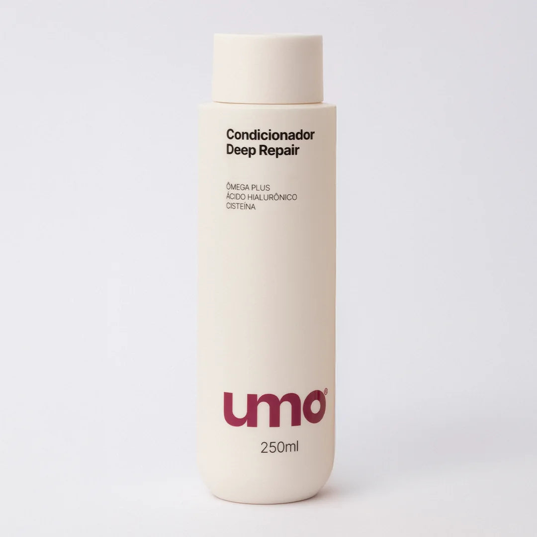 Embalagem do Condicionador Deep Repair Umo 250ml, frasco bege com ômega plus, ácido hialurônico e cisteína