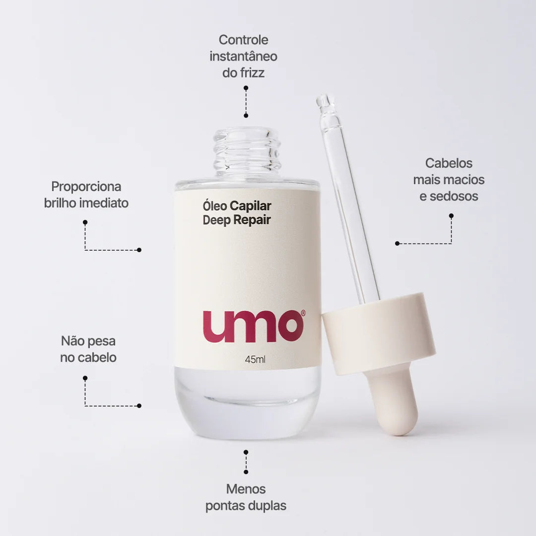 Benefícios do Óleo Capilar Deep Repair Umo: controle do frizz e brilho imediato, sem pesar no cabelo
