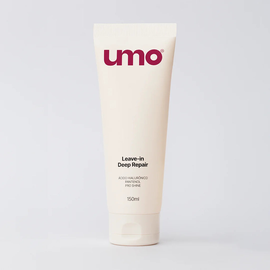 Embalagem do Leave-in Deep Repair Umo 150ml, bisnaga bege com ácido hialurônico, pantenol e pro shine