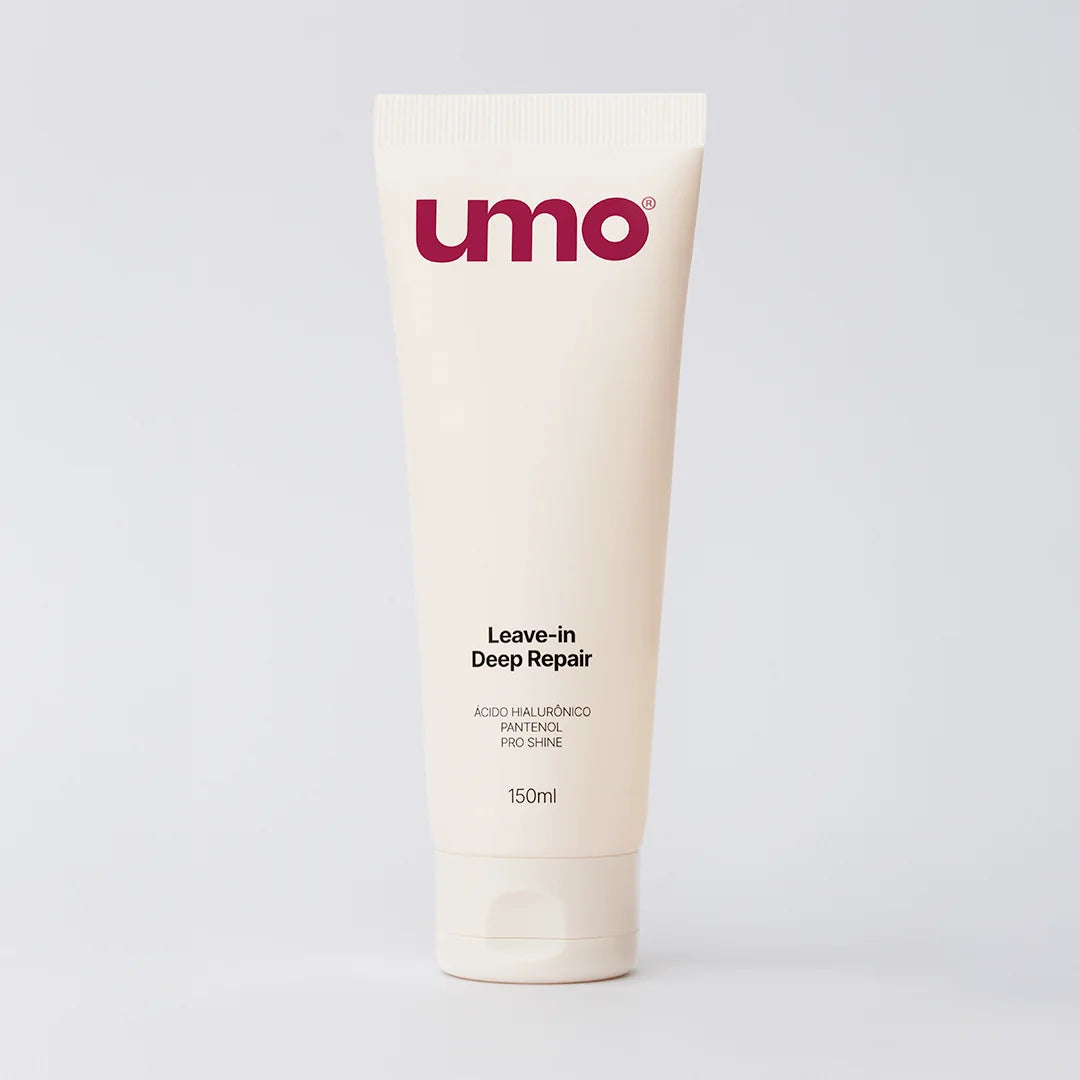 Embalagem do Leave-in Deep Repair Umo 150ml, bisnaga bege com ácido hialurônico, pantenol e pro shine